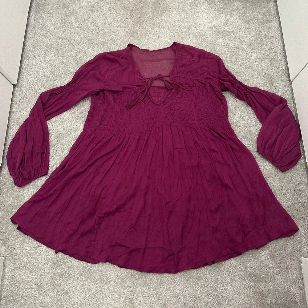 Free People Sheer Long Sleeve Boho Top or Dress in Plum Size Small-Large (FLAWS) - Picture 2 of 9